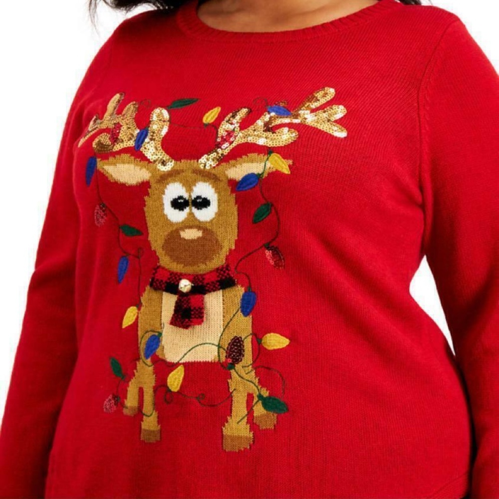 Karen Scott Women's Red Sequin Long Sleeve Reindeer Sweater Plus Size
